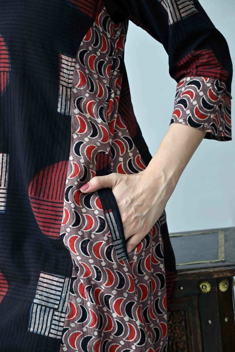 Black and Maroon Ajrakh Hand block Cotton kurta