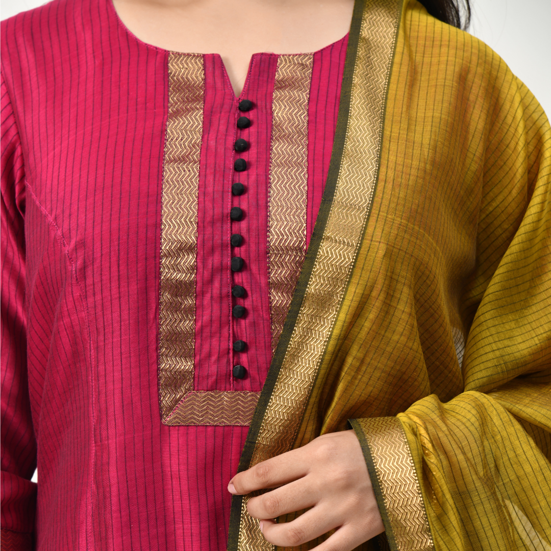 Maheshwari Handloom Silk Cotton Purple Kurta and Dupatta with Zari Border