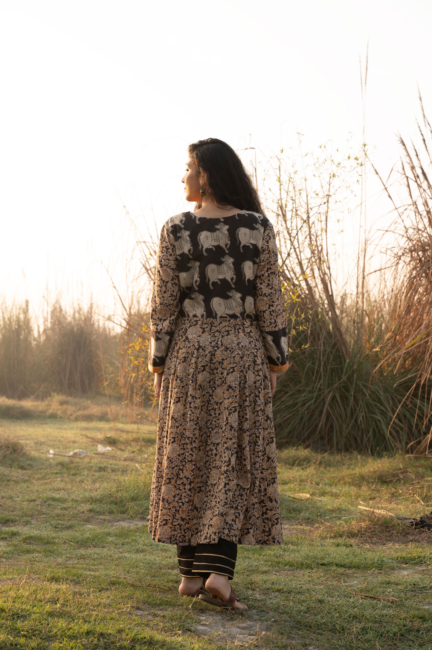 Black Kalamkari Hand Block Printed Long Kali Kurta