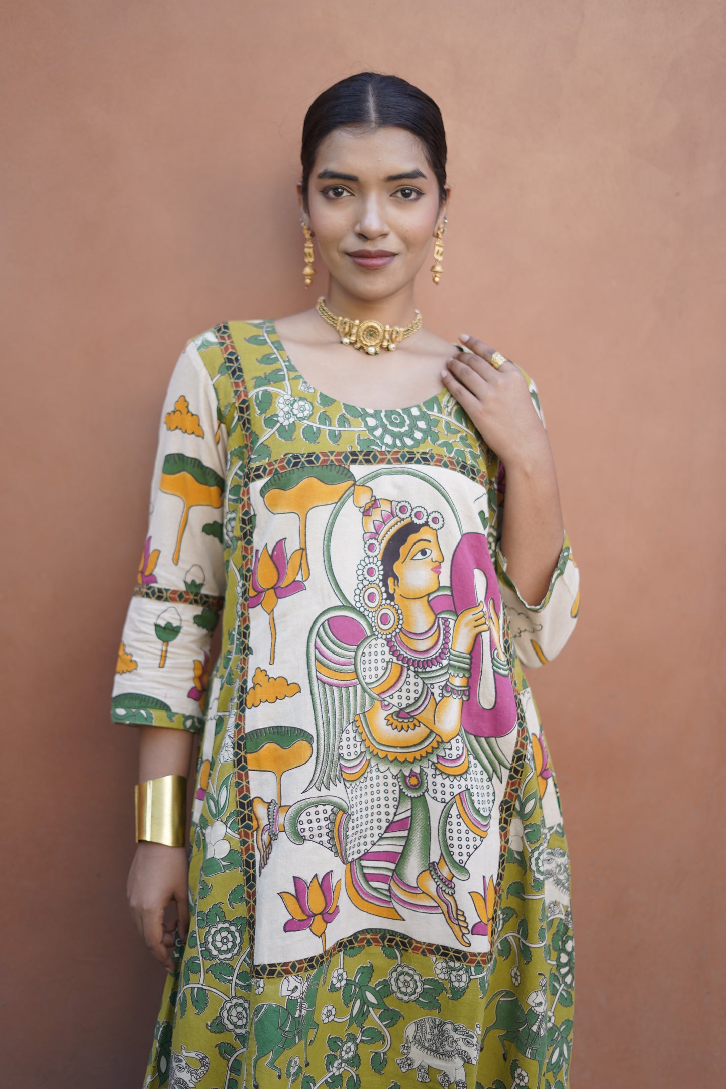 Green and White kalamkari Cotton Kurta