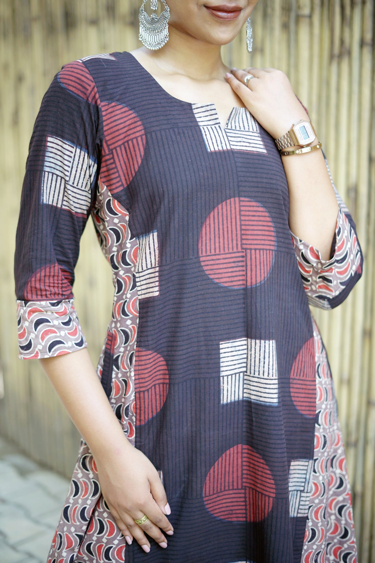 Black and Maroon Ajrakh Hand block Cotton kurta