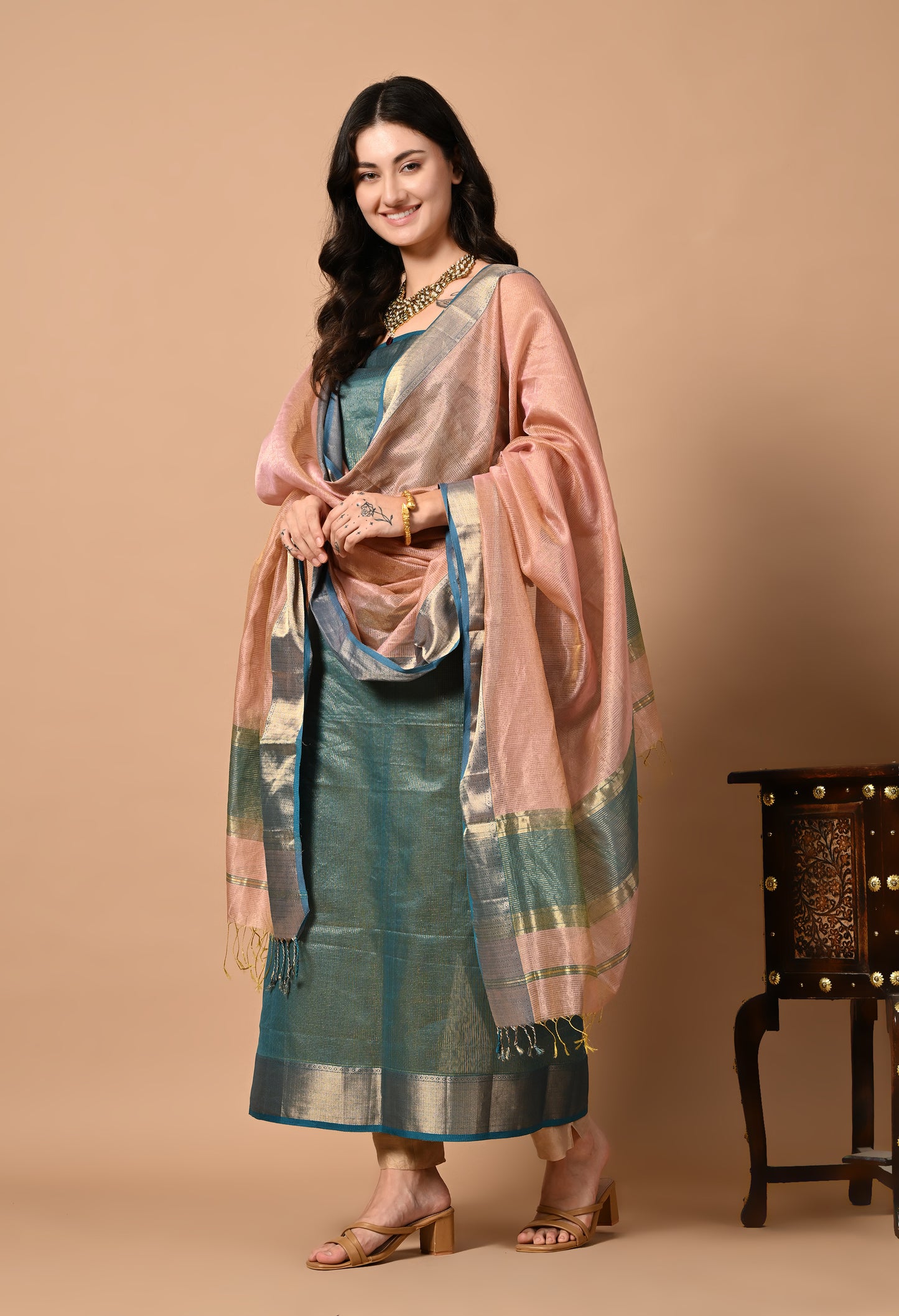 Blue Maheshwari Handloom Silk Zari and Cotton Kurta Material with Dupatta
