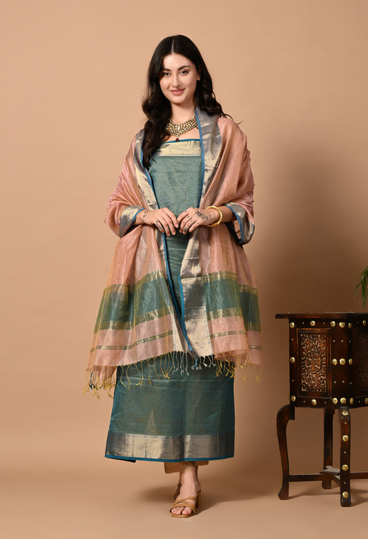 Blue Maheshwari Handloom Silk Zari and Cotton Kurta Material with Dupatta