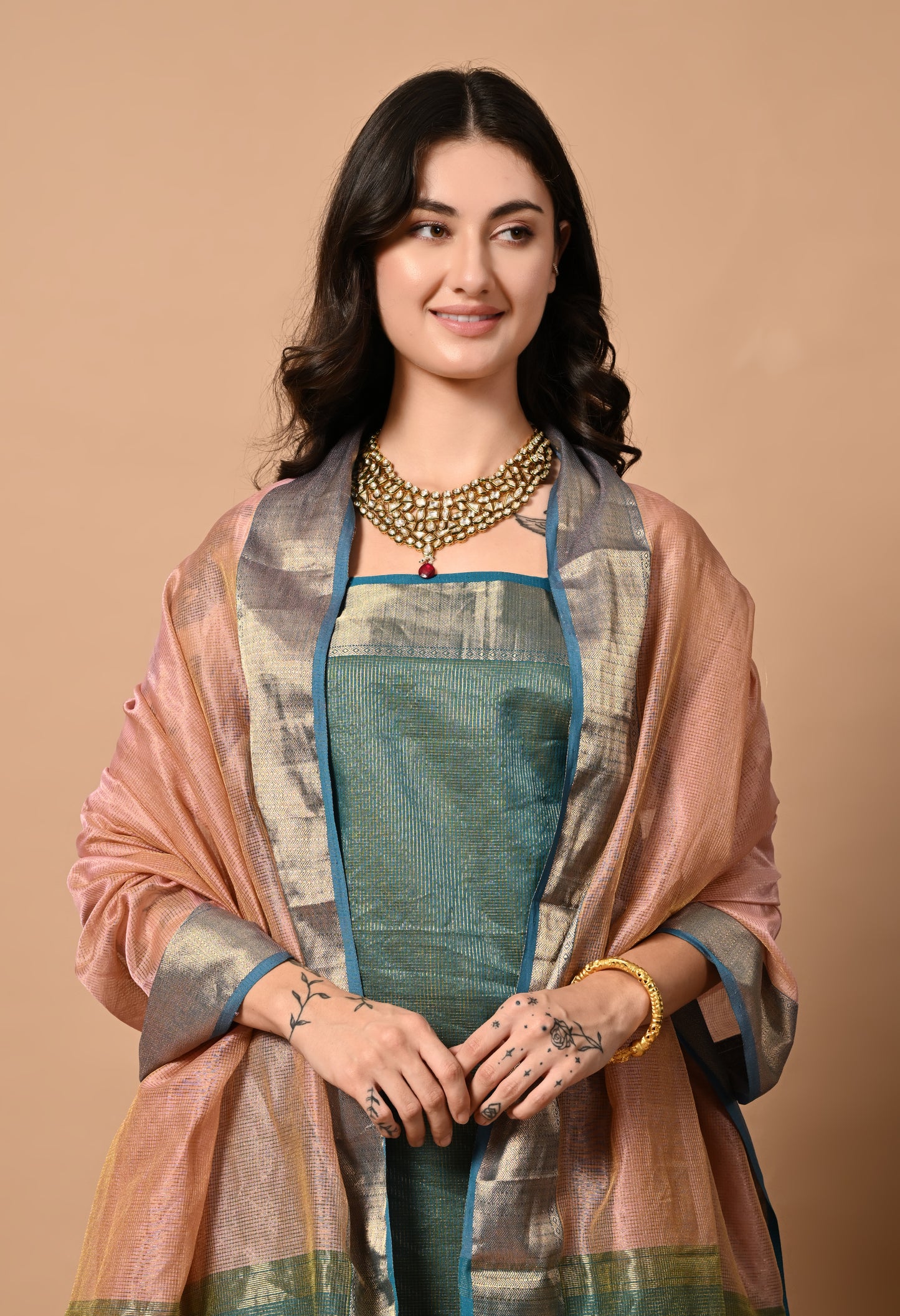 Blue Maheshwari Handloom Silk Zari and Cotton Kurta Material with Dupatta