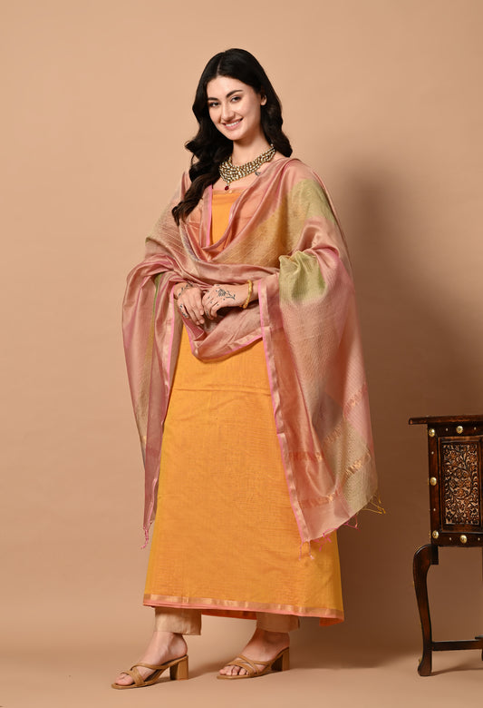 Orange Maheshwari Silk Cotton Handloom Kurta Material with Pink Dupatta