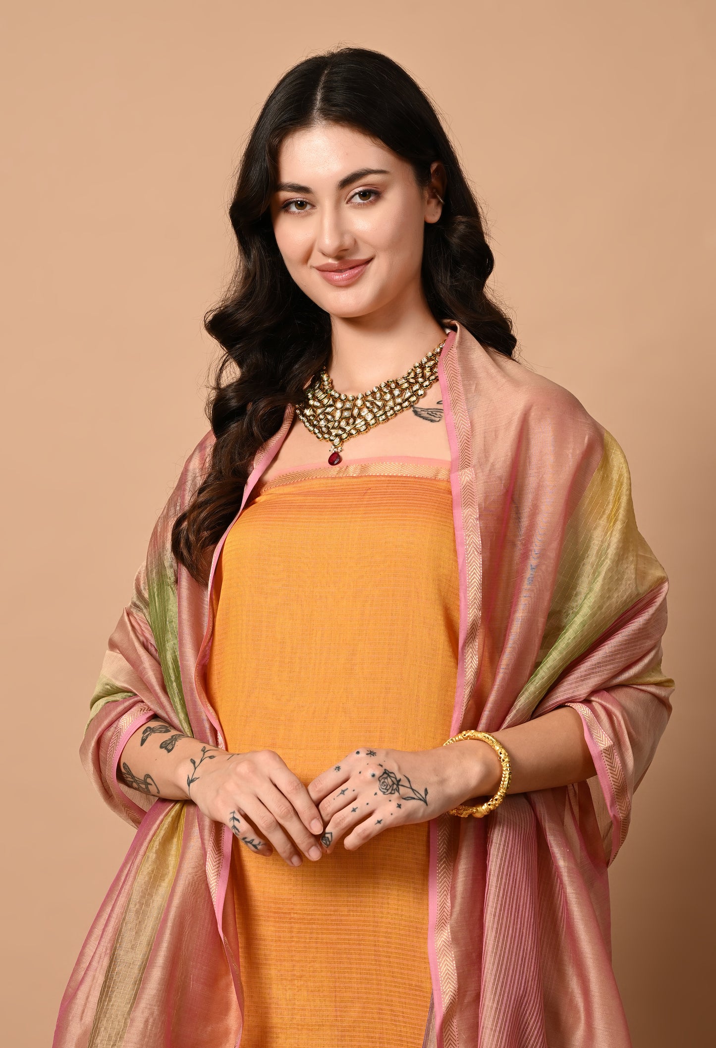Orange Maheshwari Silk Cotton Handloom Kurta Material with Pink Dupatta