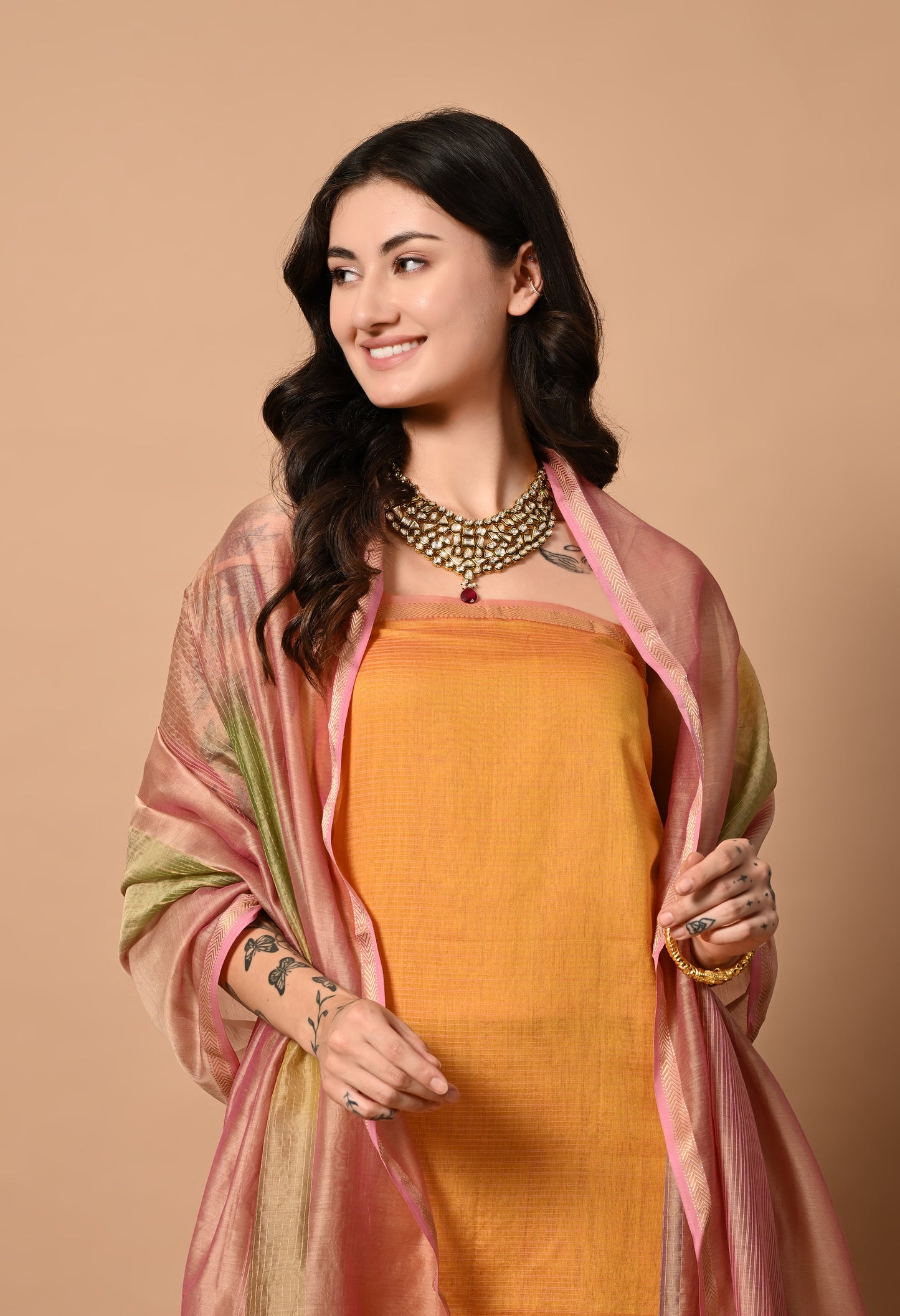 Orange Maheshwari Silk Cotton Handloom Kurta Material with Pink Dupatta