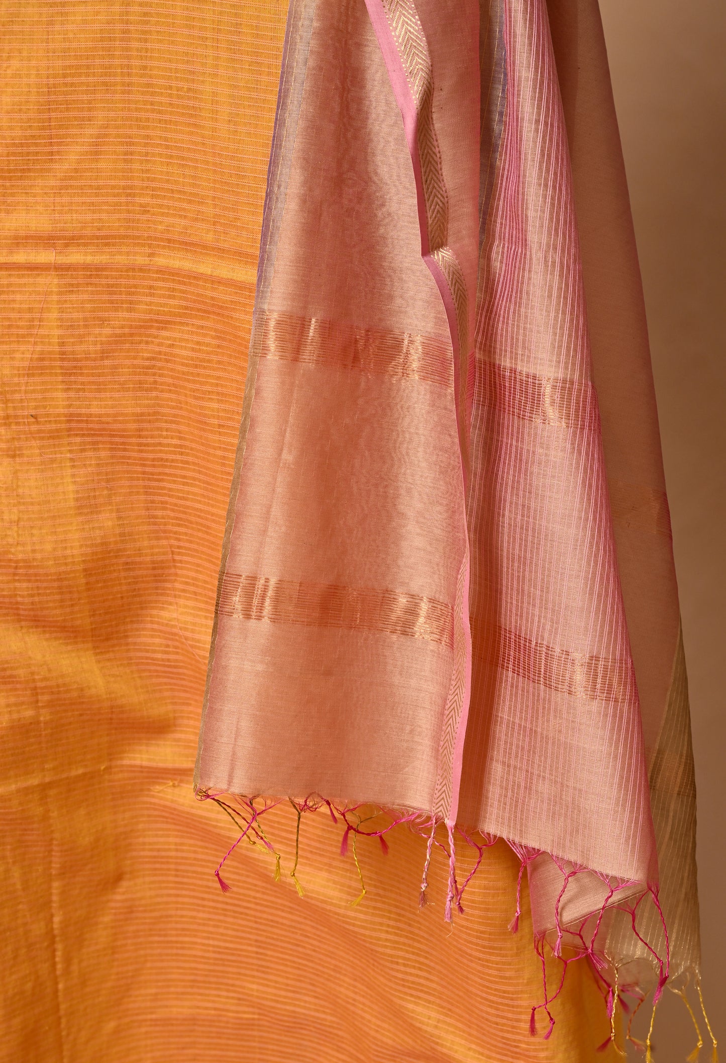 Orange Maheshwari Silk Cotton Handloom Kurta Material with Pink Dupatta
