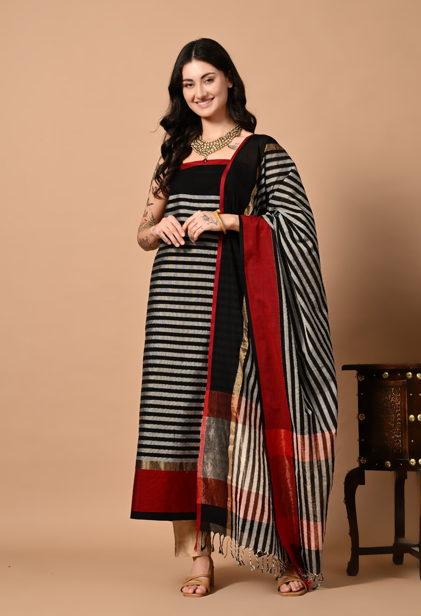 Black Maheshwari Silk Cotton Handloom Kurta Material with Dupatta