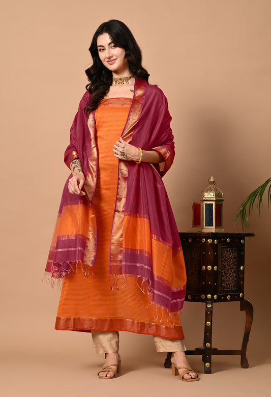 Orange Maheshwari Handloom Silk Cotton Kurta Material and Dupatta with Zari border