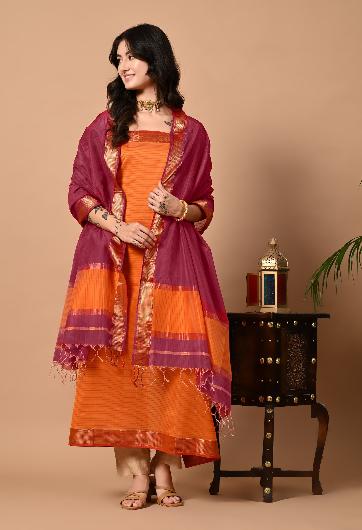 Orange Maheshwari Handloom Silk Cotton Kurta Material and Dupatta with Zari border