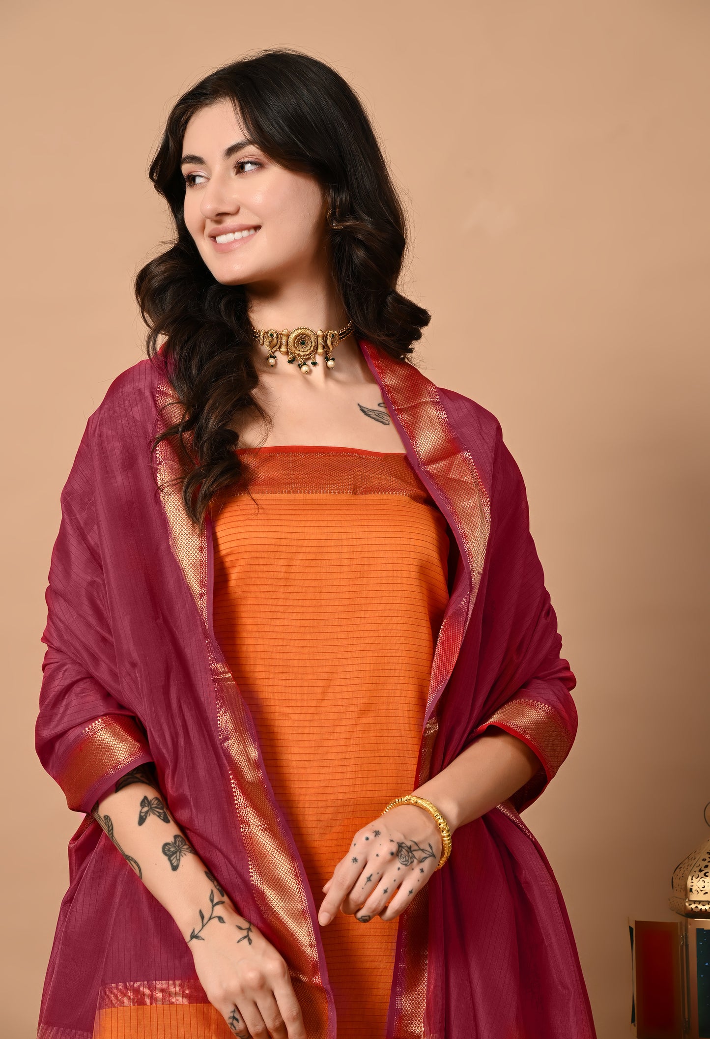 Orange Maheshwari Handloom Silk Cotton Kurta Material and Dupatta with Zari border