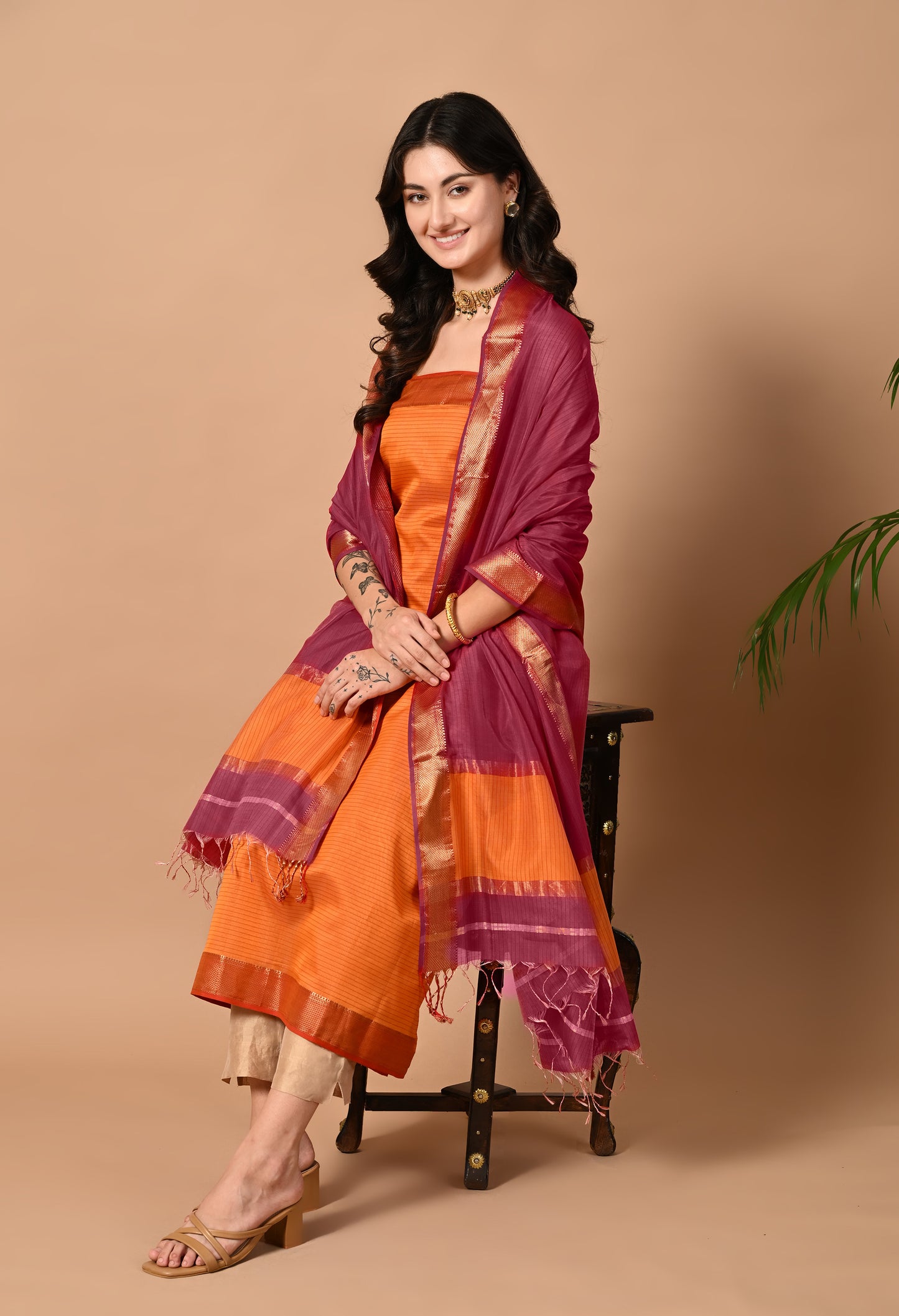 Orange Maheshwari Handloom Silk Cotton Kurta Material and Dupatta with Zari border