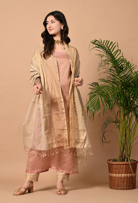 Pink Maheshwari Silk Cotton and Zari Handloom Kurta Material with Golden Dupatta
