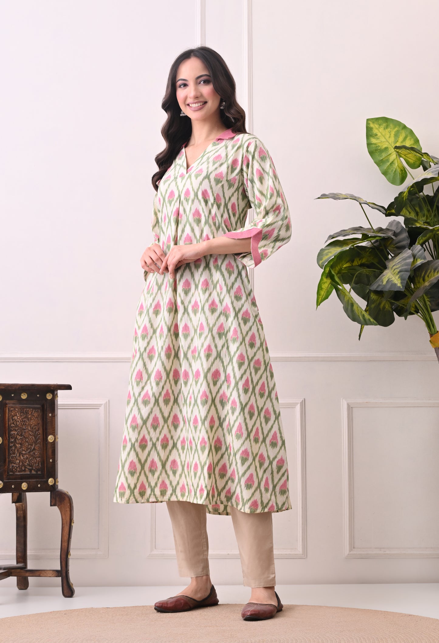 White and Pink Handwoven Ikkat Cotton Kurta set