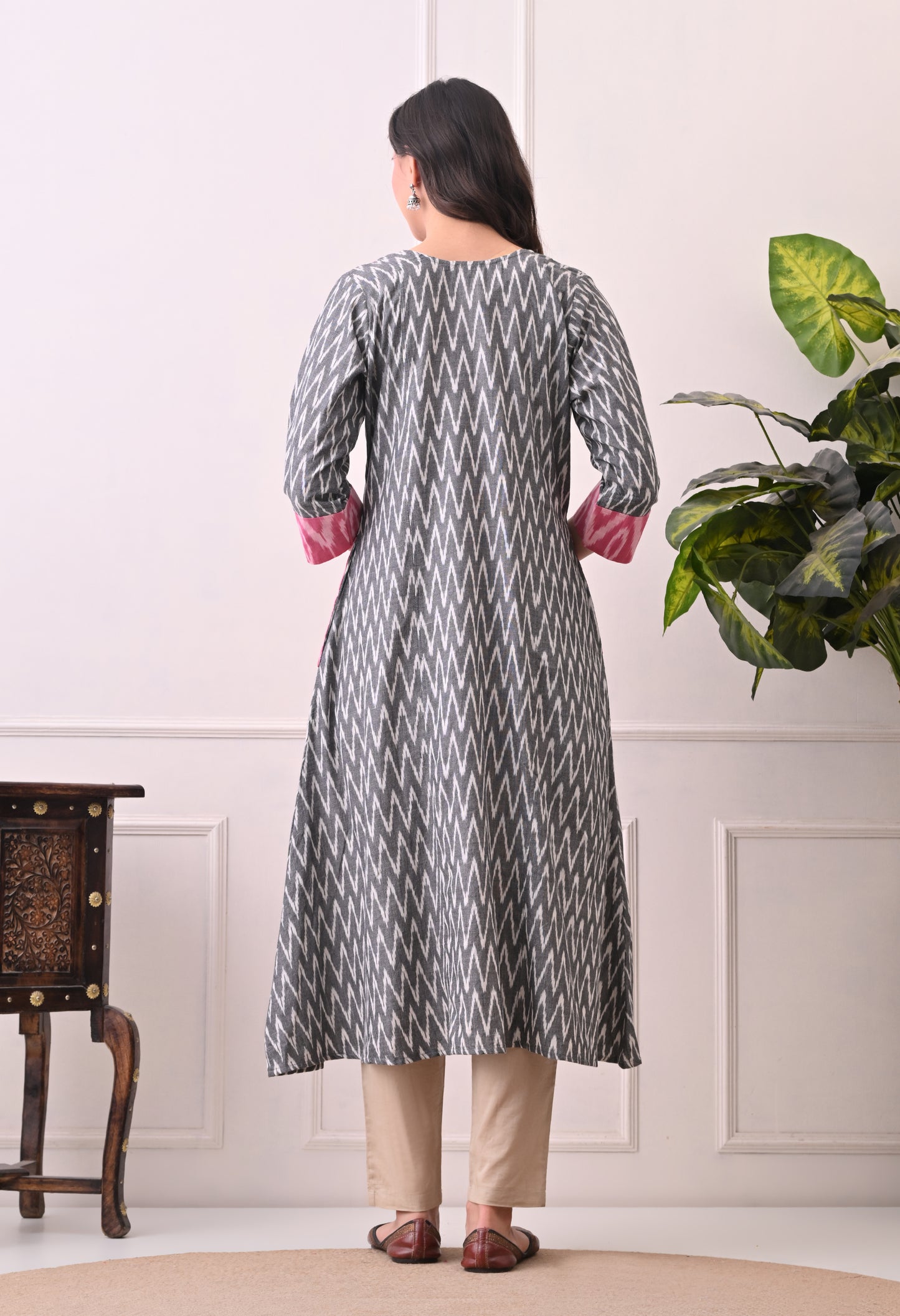 Grey and Pink Handwoven Ikkat Cotton Kurta