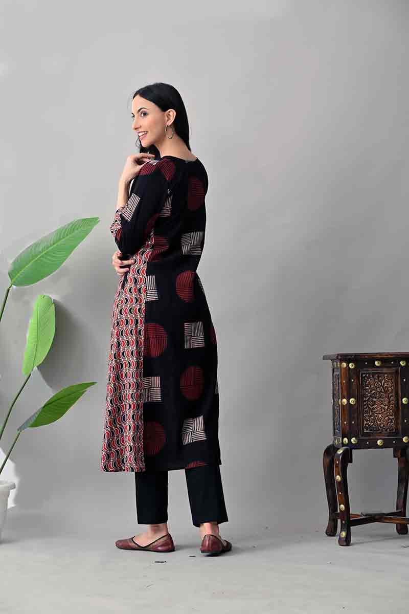 Black and Maroon Ajrakh Hand block Cotton kurta