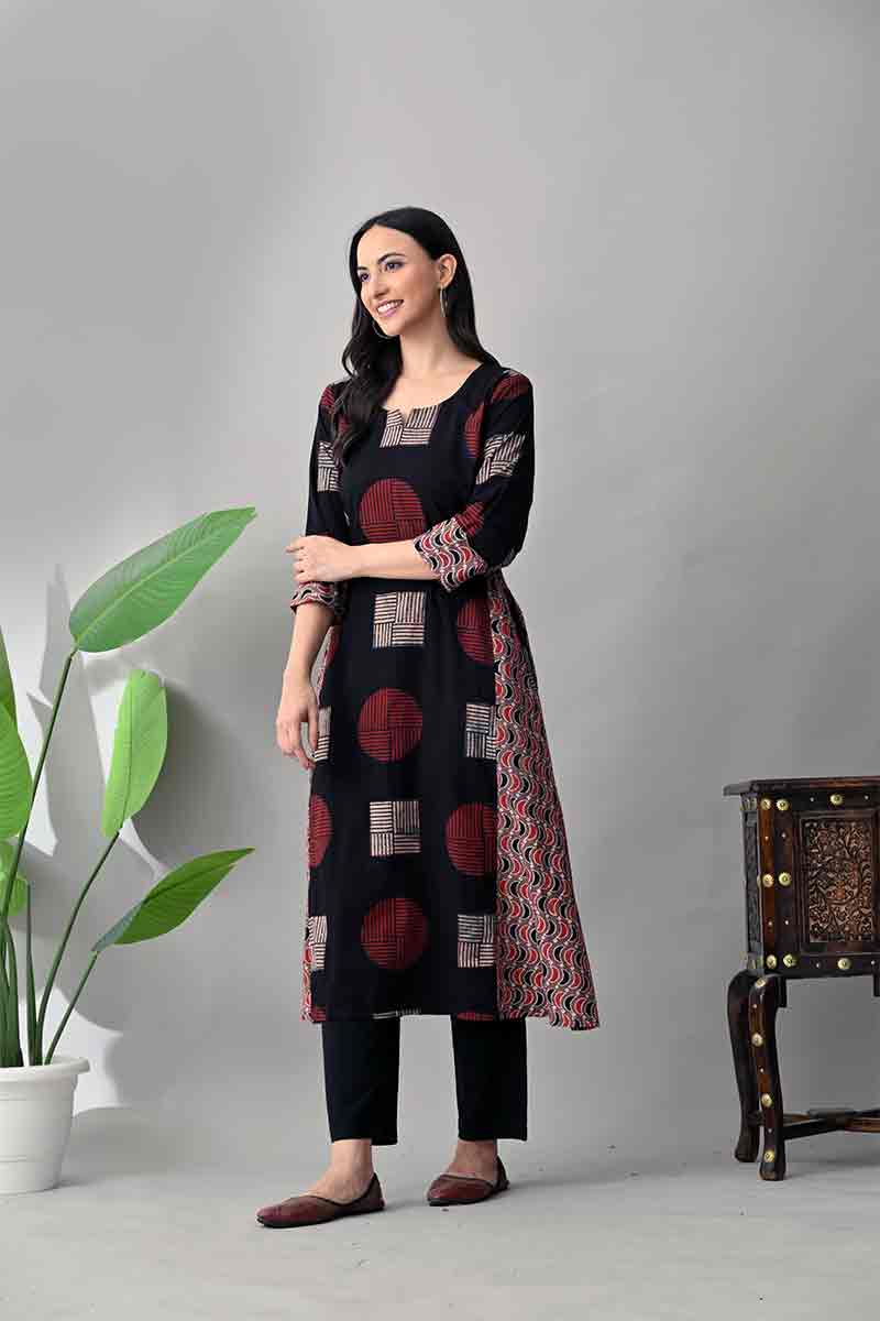 Black and Maroon Ajrakh Hand block Cotton kurta