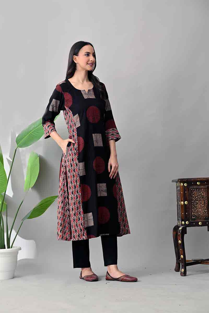 Black and Maroon Ajrakh Hand block Cotton kurta