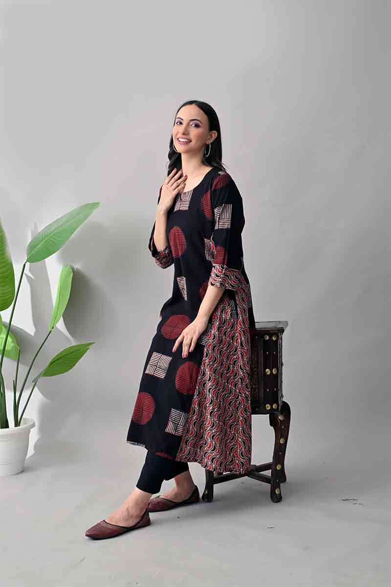 Black and Maroon Ajrakh Hand block Cotton kurta