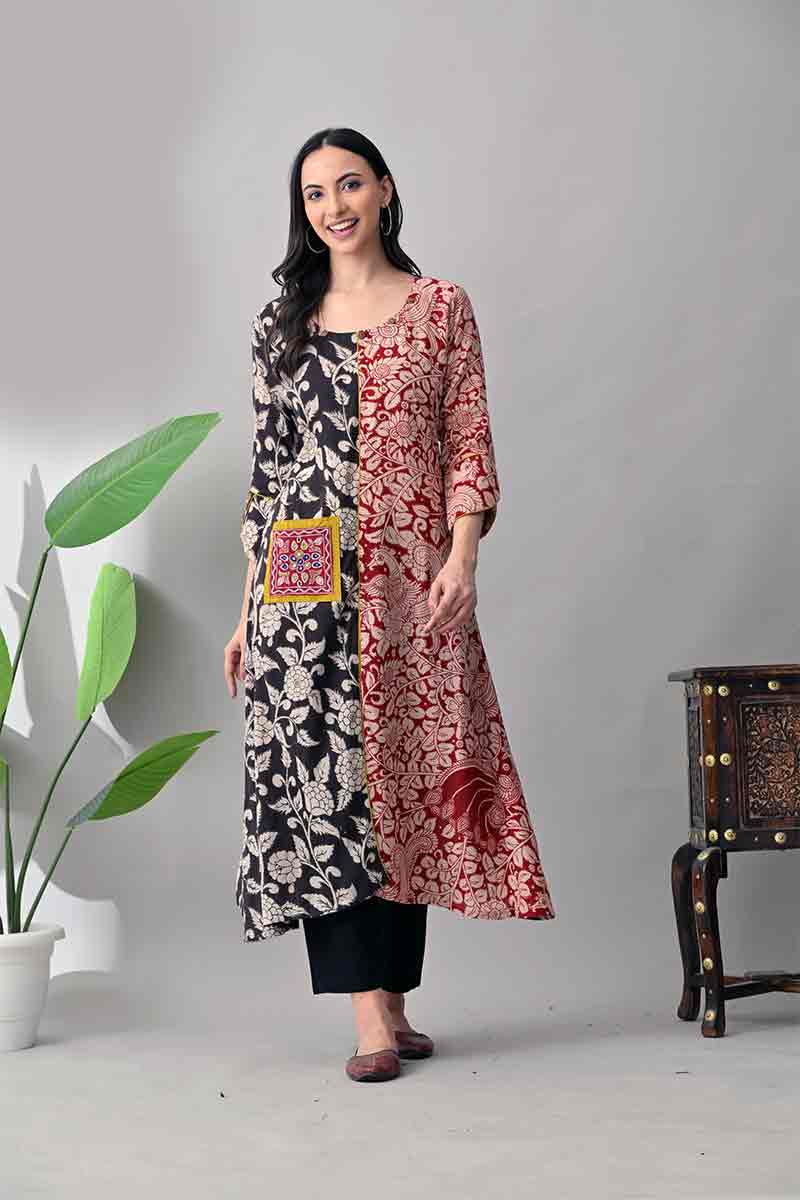 Black and Maroon Kalamkari Cotton Kurta with Kutch embroidery pocket