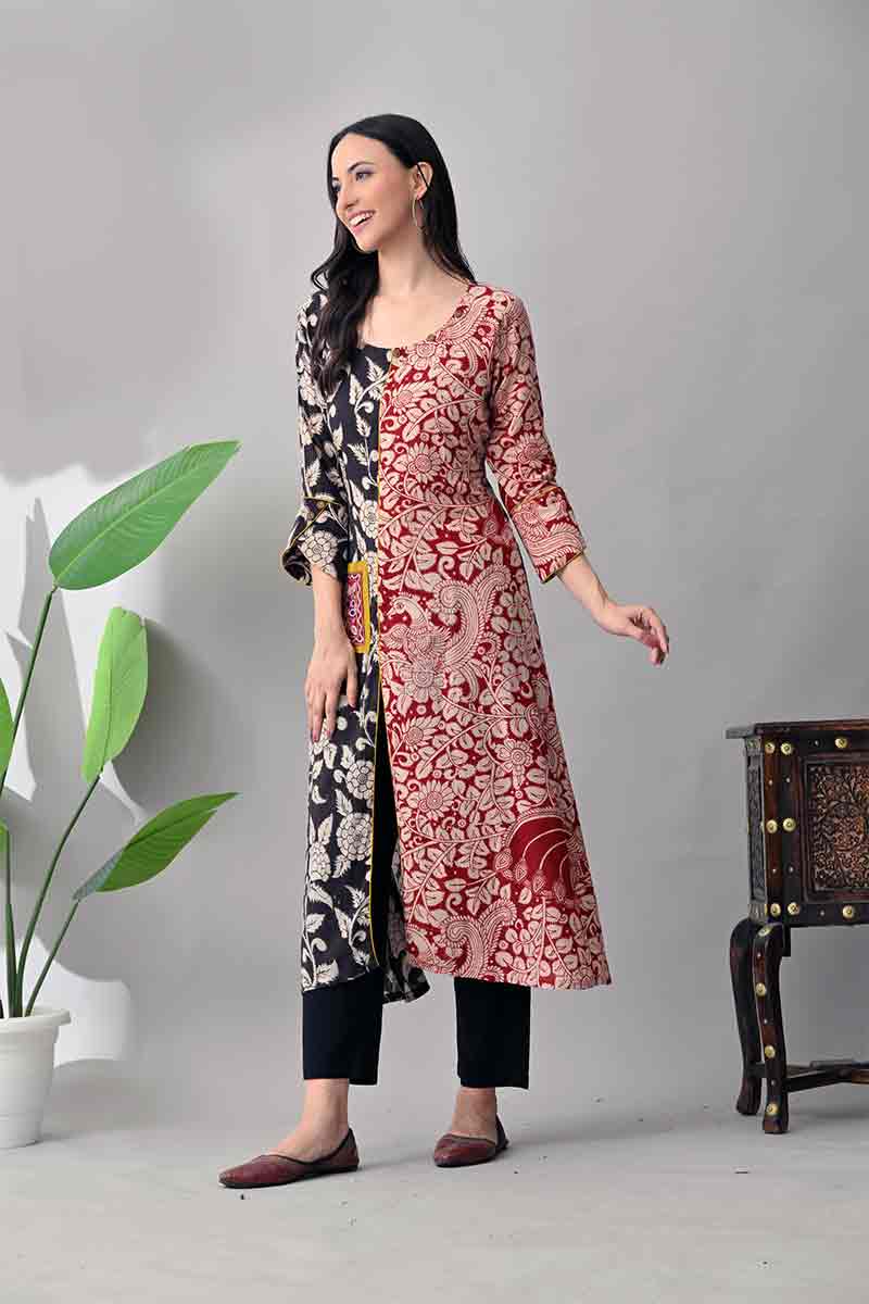 Black and Maroon Kalamkari Cotton Kurta with Kutch embroidery pocket