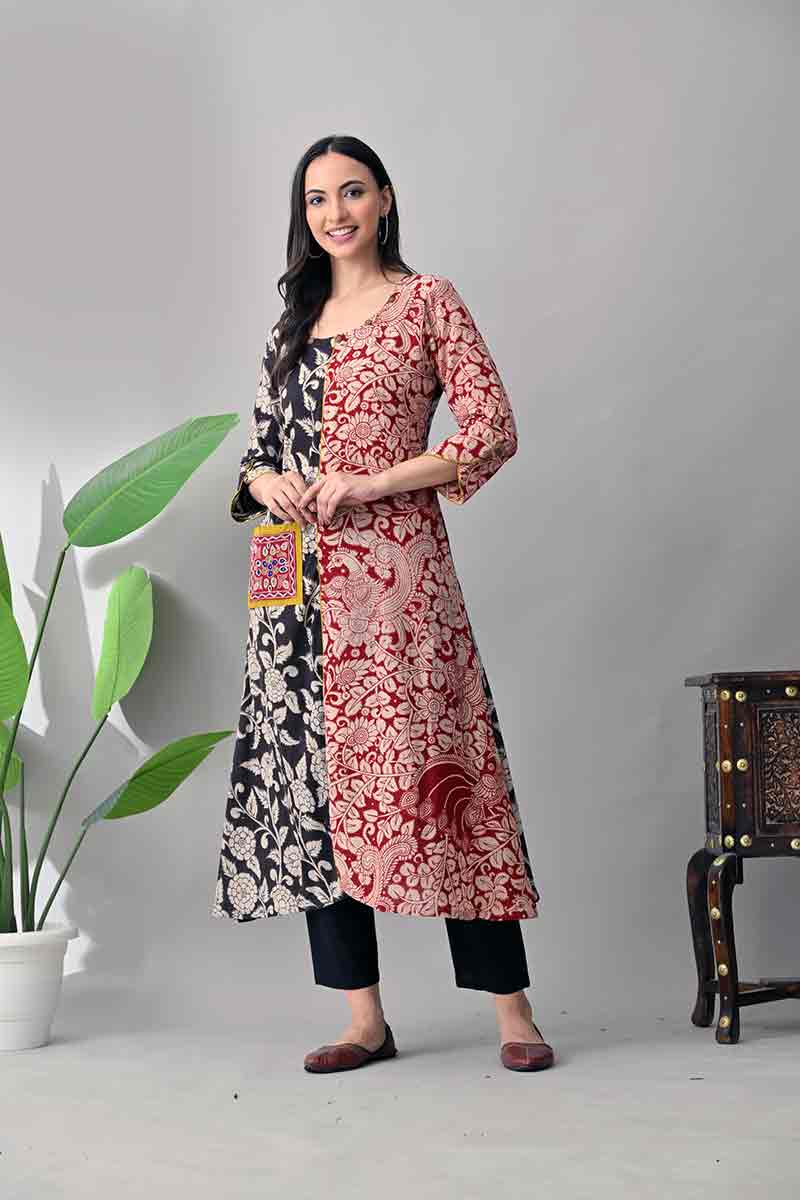 Black and Maroon Kalamkari Cotton Kurta with Kutch embroidery pocket