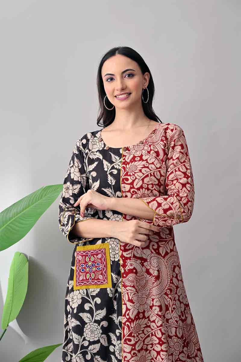 Black and Maroon Kalamkari Cotton Kurta with Kutch embroidery pocket