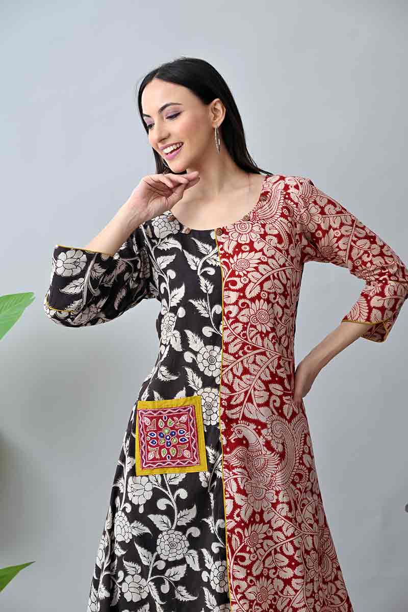 Black and Maroon Kalamkari Cotton Kurta with Kutch embroidery pocket