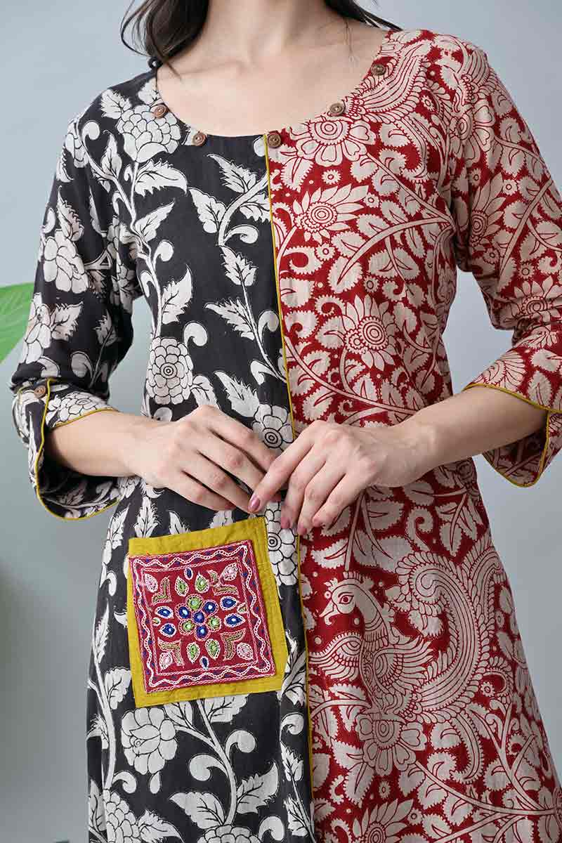 Black and Maroon Kalamkari Cotton Kurta with Kutch embroidery pocket