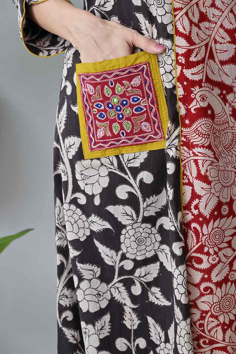 Black and Maroon Kalamkari Cotton Kurta with Kutch embroidery pocket
