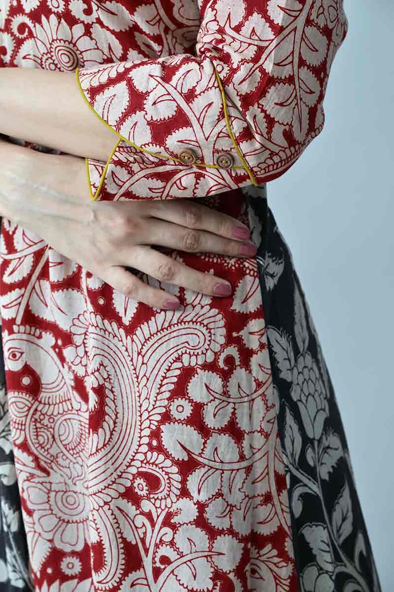 Black and Maroon Kalamkari Cotton Kurta with Kutch embroidery pocket