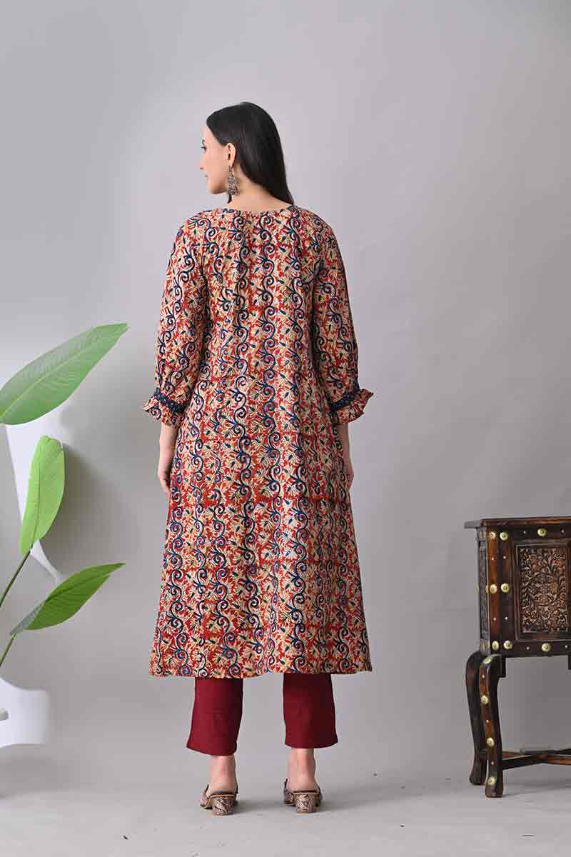 Maroon kalamkari hand block cotton kurta with front pockets
