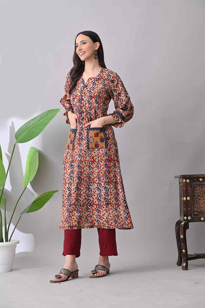 Maroon kalamkari hand block cotton kurta with front pockets