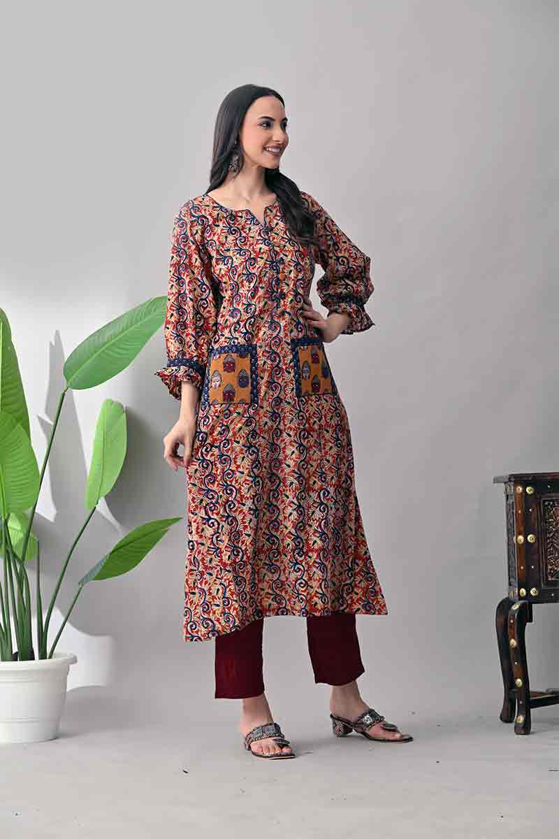 Maroon kalamkari hand block cotton kurta with front pockets