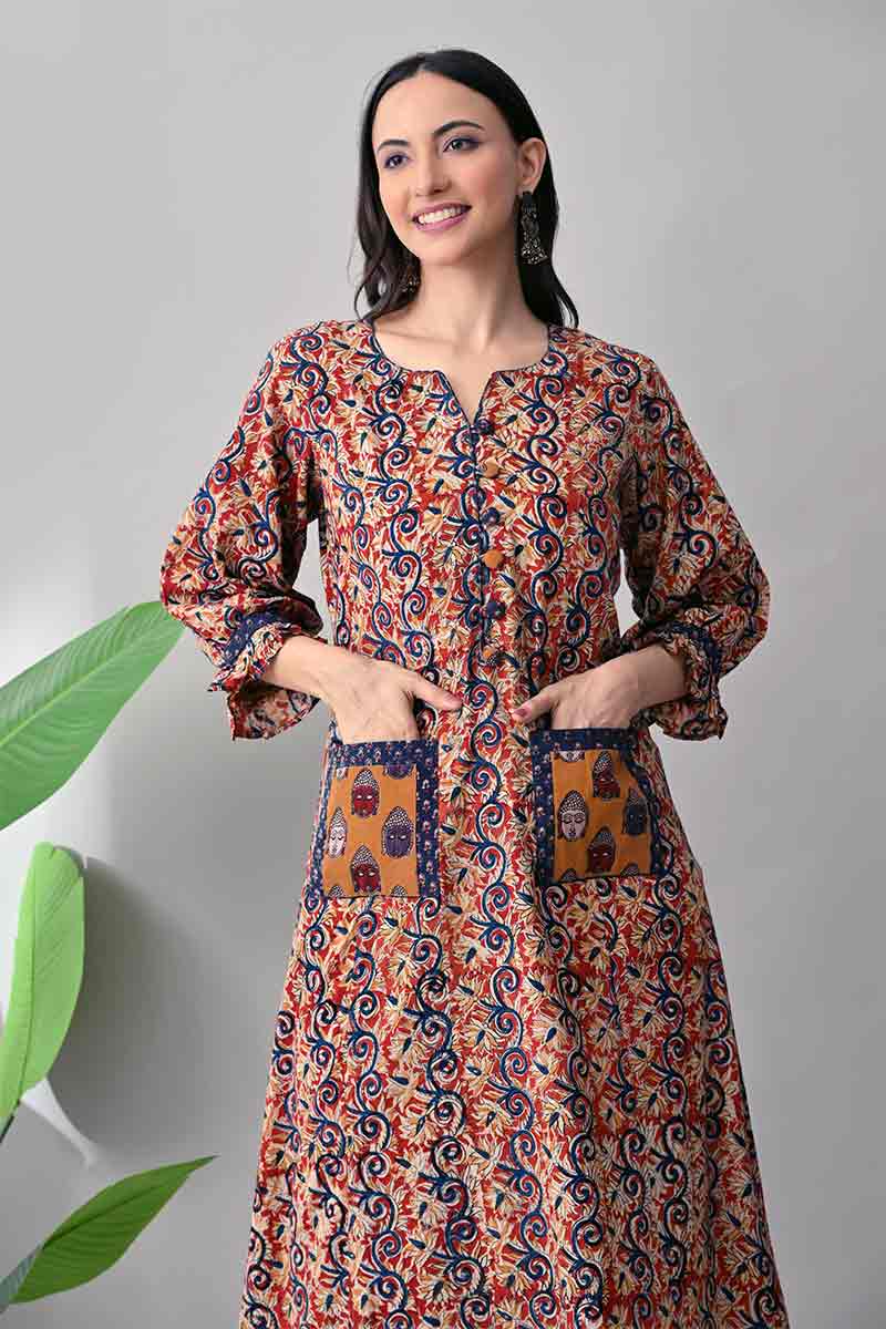 Maroon kalamkari hand block cotton kurta with front pockets