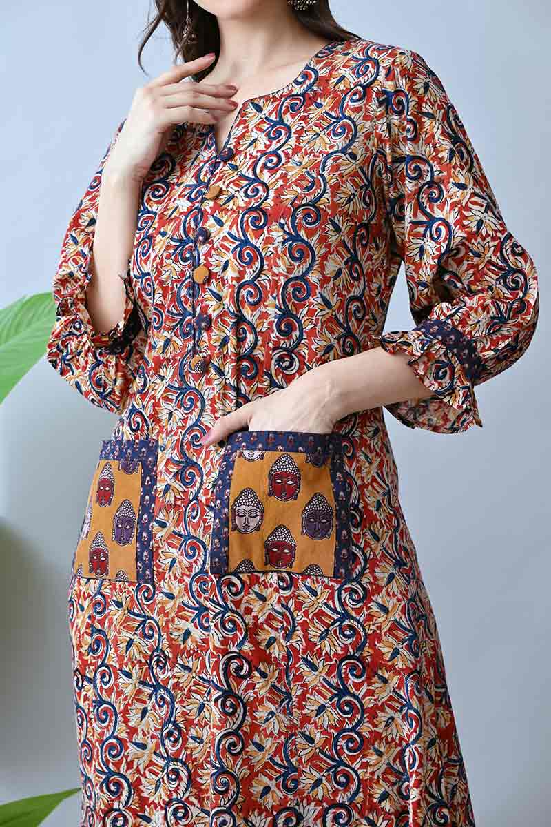 Maroon kalamkari hand block cotton kurta with front pockets