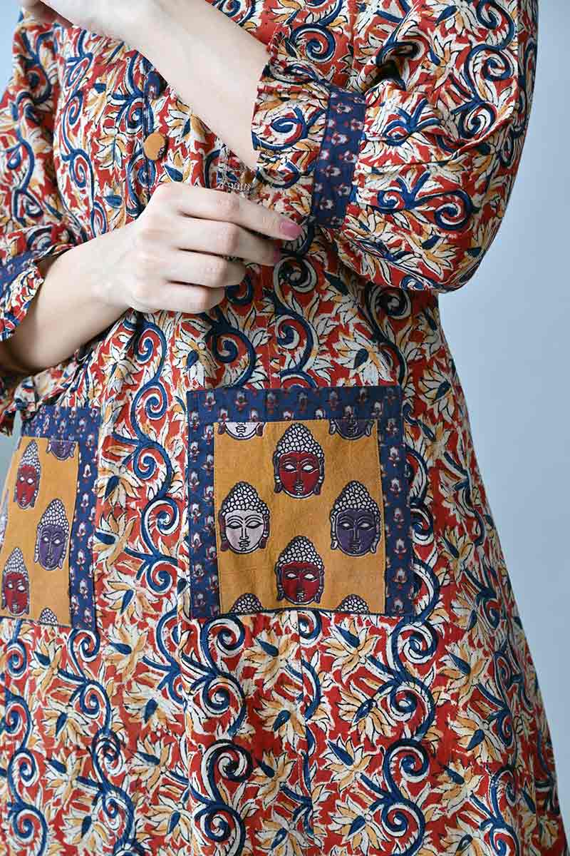 Maroon kalamkari hand block cotton kurta with front pockets