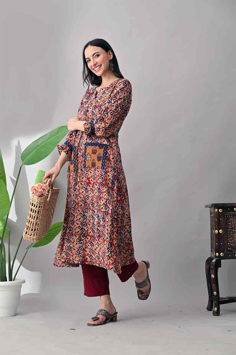 Maroon kalamkari hand block cotton kurta with front pockets
