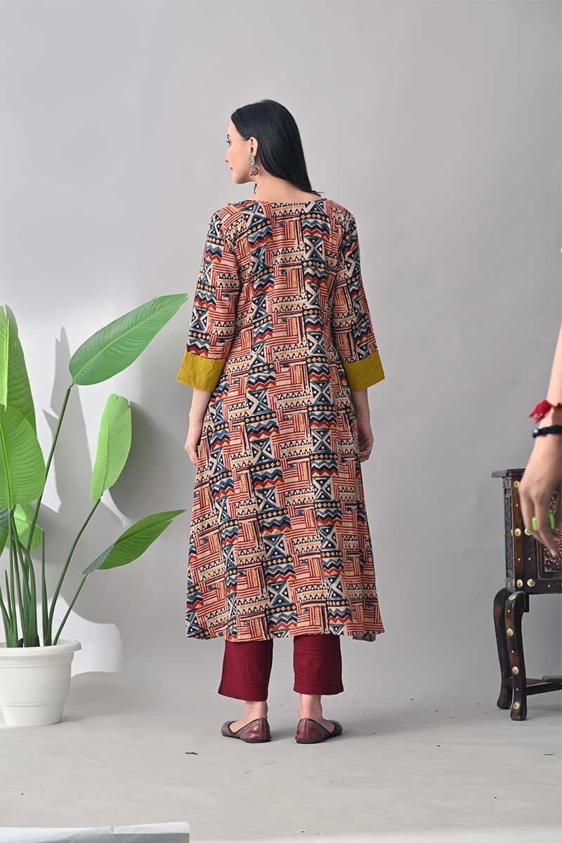 Maroon and Mustard Kalamkari Hand block Cotton Kurta