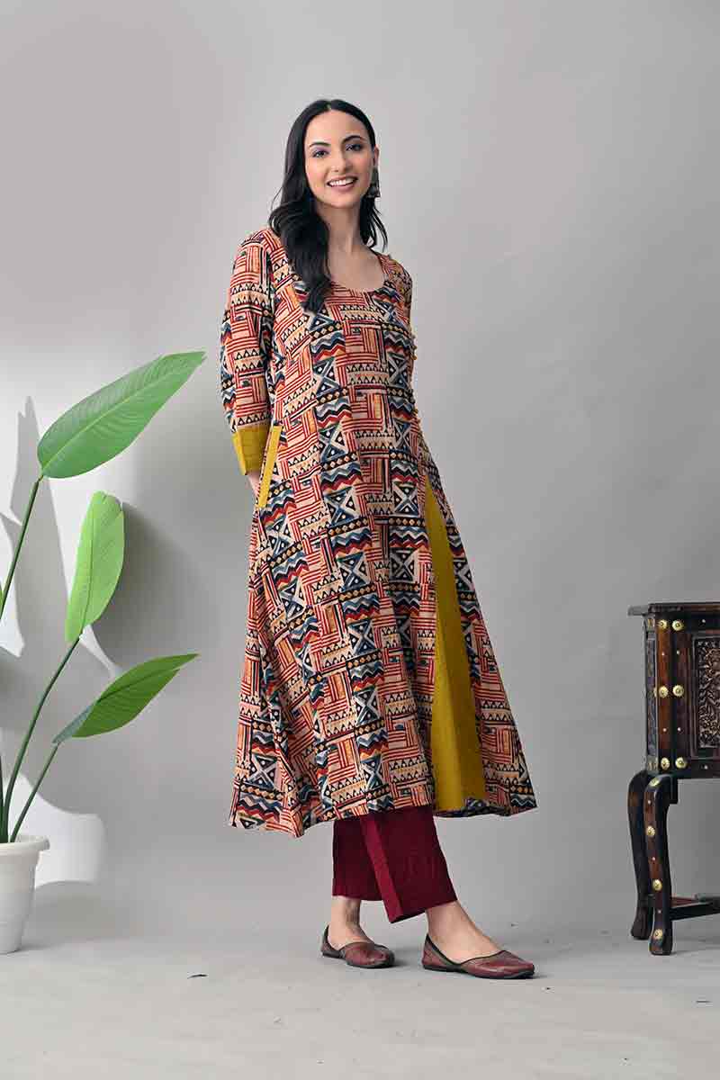 Maroon and Mustard Kalamkari Hand block Cotton Kurta