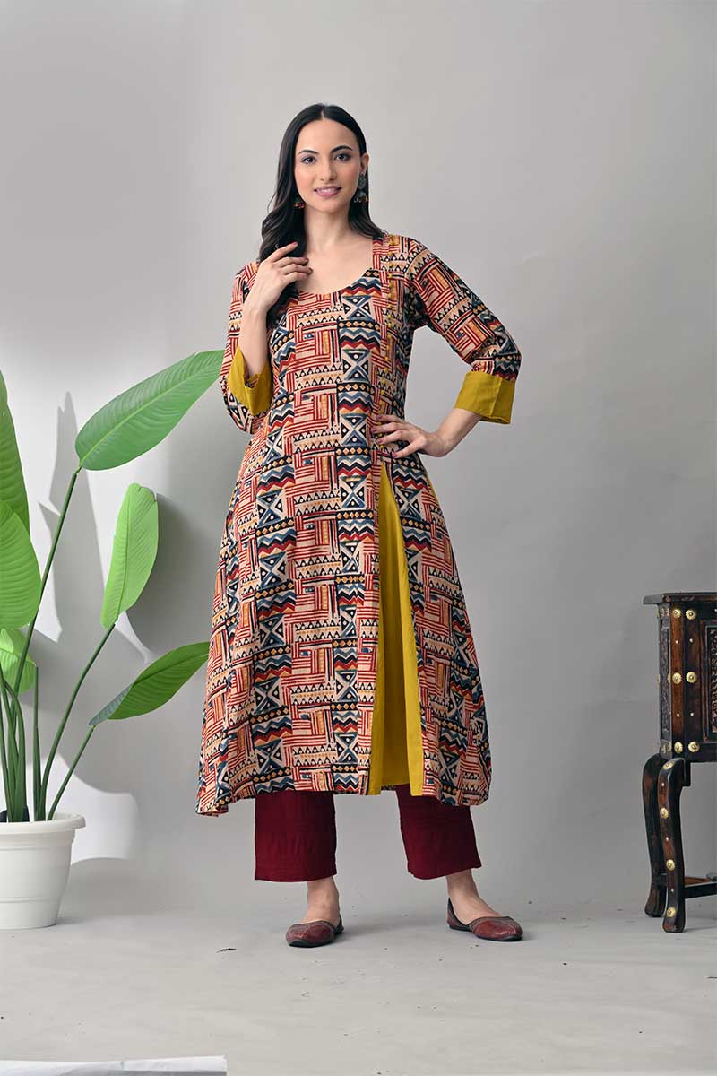 Maroon and Mustard Kalamkari Hand block Cotton Kurta