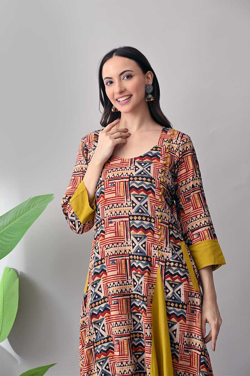 Maroon and Mustard Kalamkari Hand block Cotton Kurta