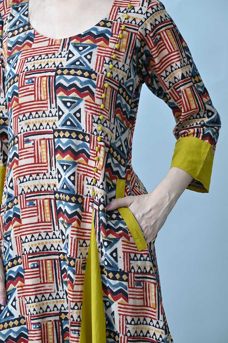 Maroon and Mustard Kalamkari Hand block Cotton Kurta