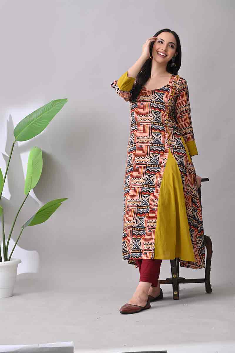 Maroon and Mustard Kalamkari Hand block Cotton Kurta