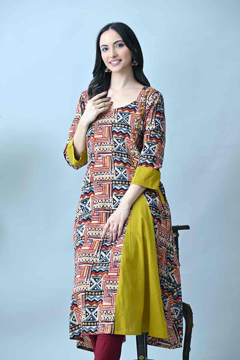 Maroon and Mustard Kalamkari Hand block Cotton Kurta