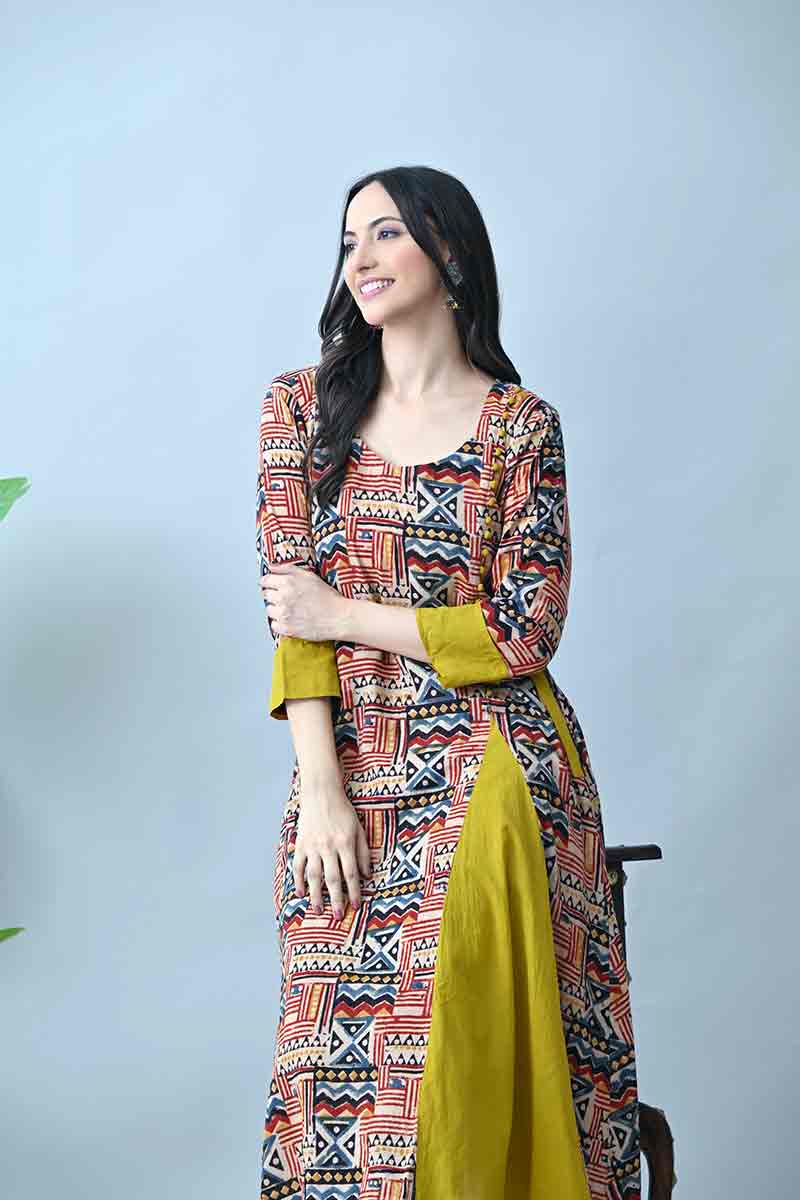 Maroon and Mustard Kalamkari Hand block Cotton Kurta