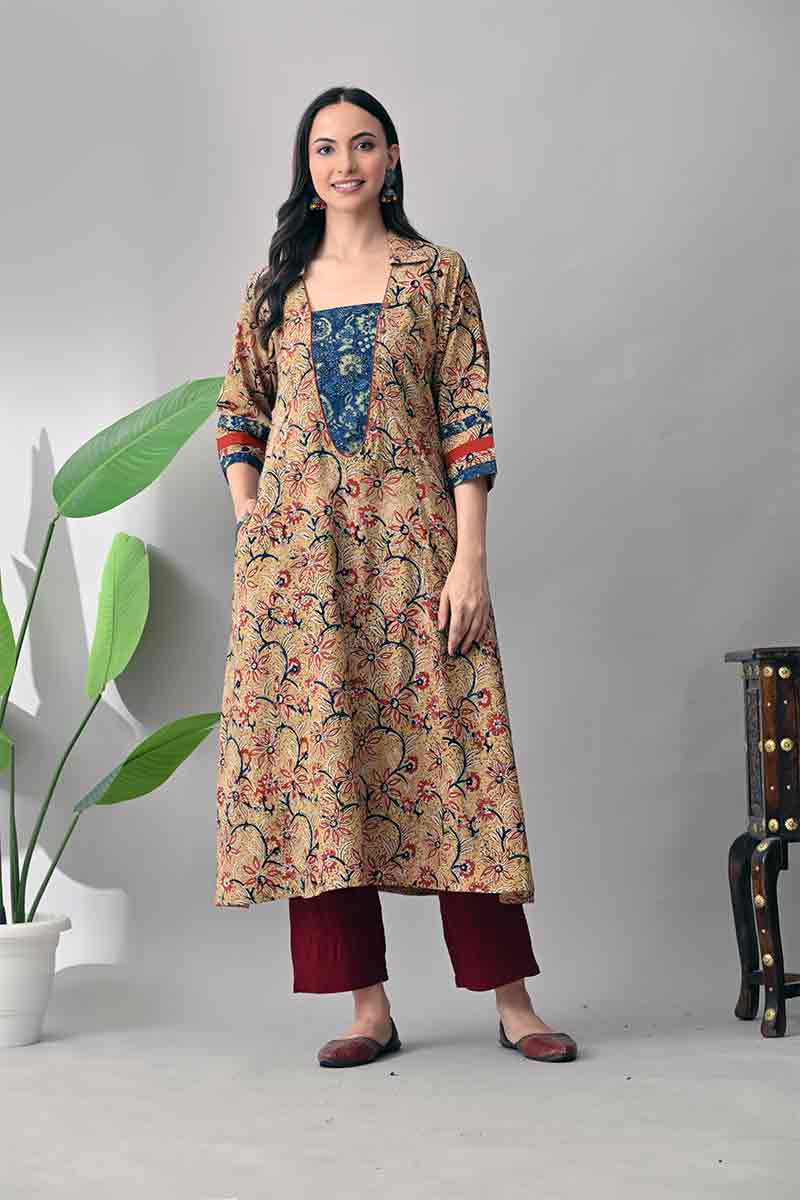 Beige and Blue Kalamkari Hand block Cotton Kurta