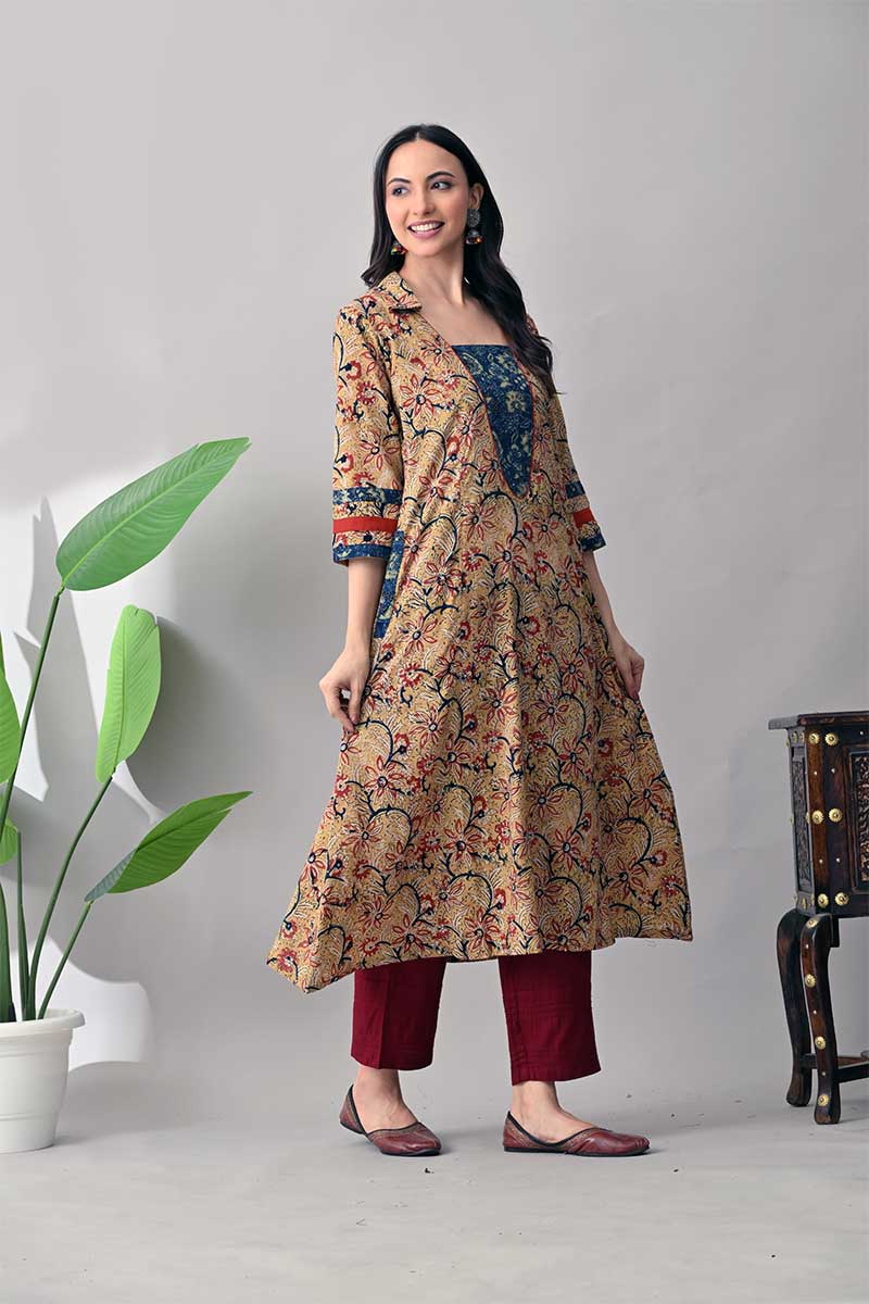 Beige and Blue Kalamkari Hand block Cotton Kurta
