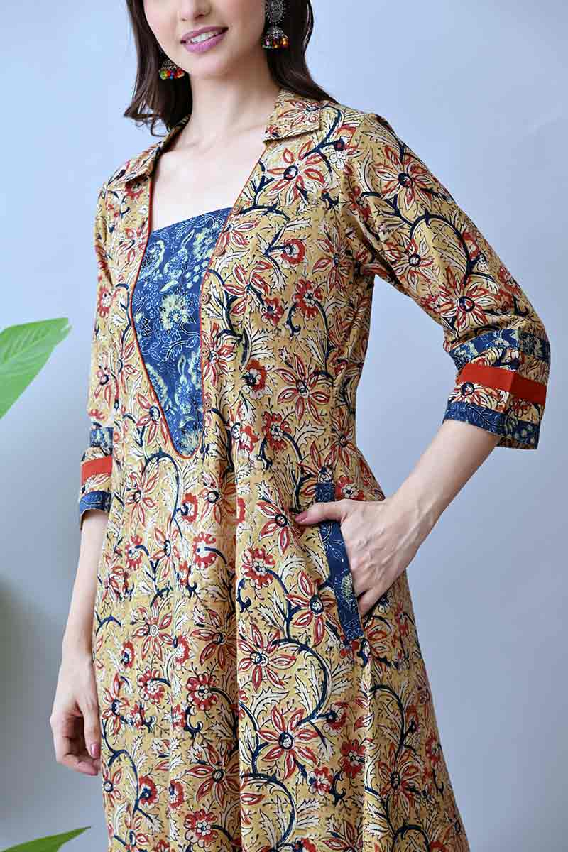 Beige and Blue Kalamkari Hand block Cotton Kurta